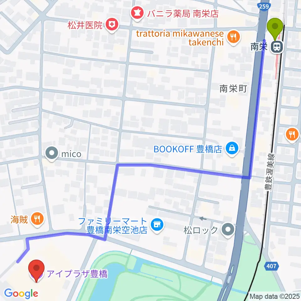 アイプラザ豊橋の最寄駅南栄駅からの徒歩ルート（約9分）地図