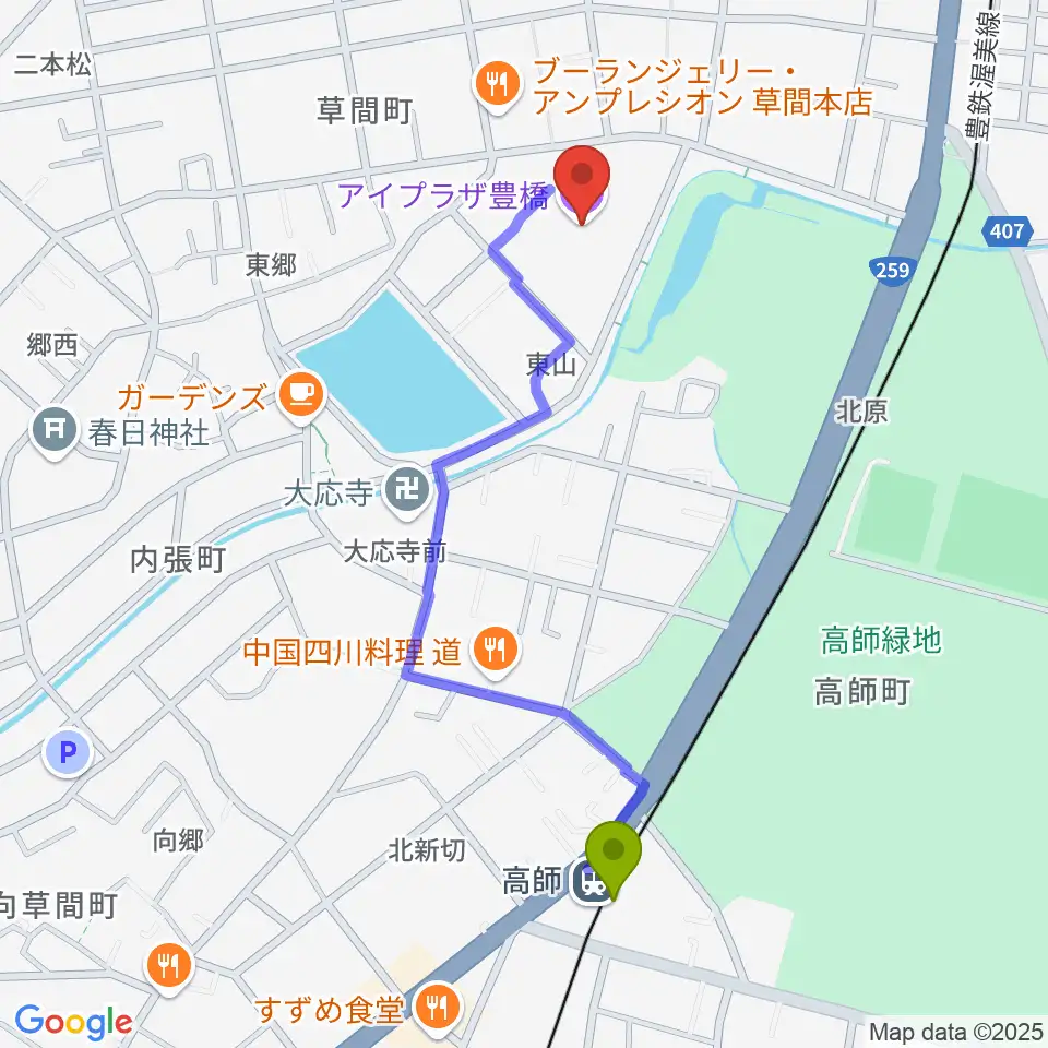 高師駅からアイプラザ豊橋へのルートマップ地図