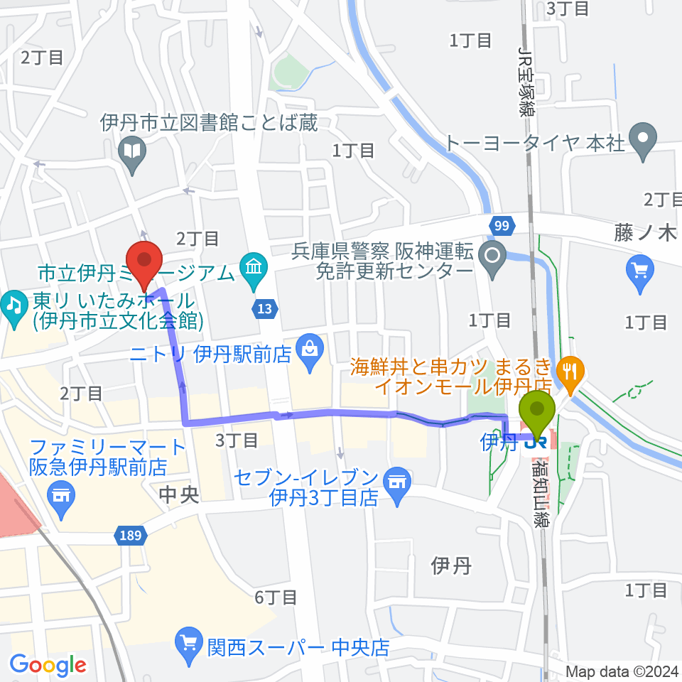 伊丹駅から伊丹アイフォニックホールへのルートマップ地図