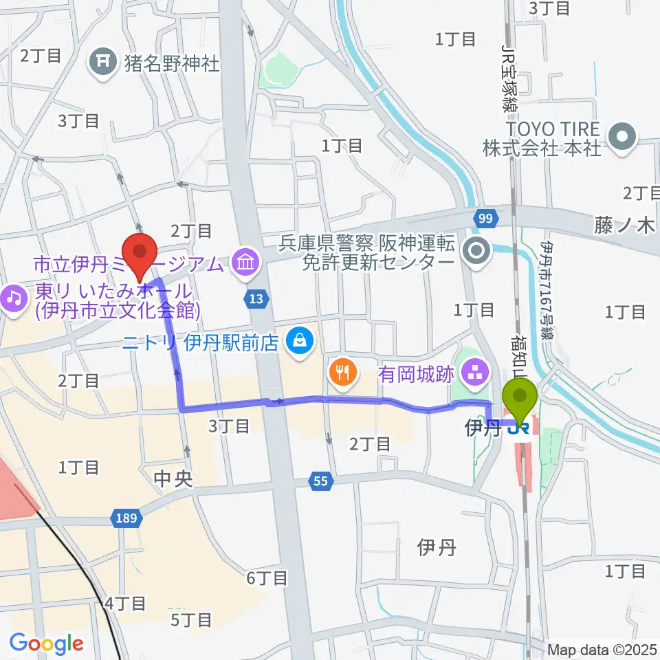 伊丹駅から伊丹アイフォニックホールへのルートマップ地図
