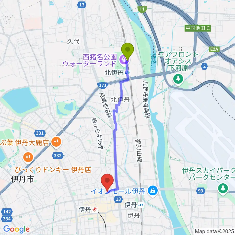 北伊丹駅から伊丹アイフォニックホールへのルートマップ地図