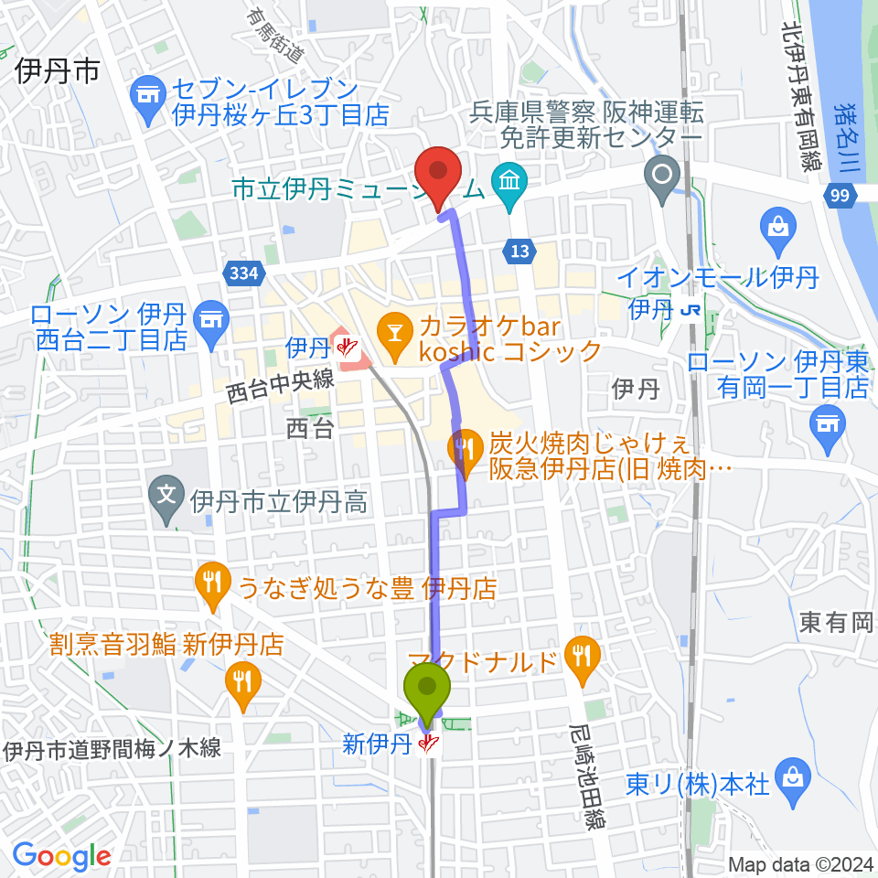 新伊丹駅から伊丹アイフォニックホールへのルートマップ地図