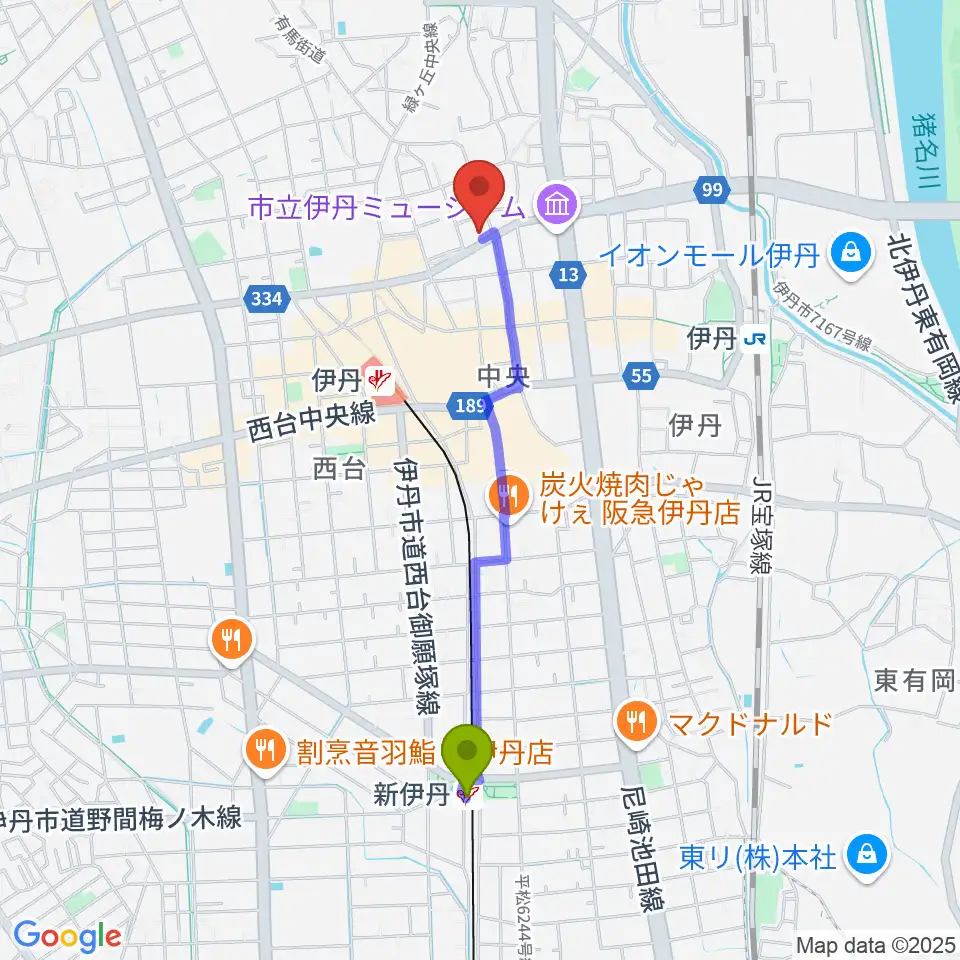 新伊丹駅から伊丹アイフォニックホールへのルートマップ地図