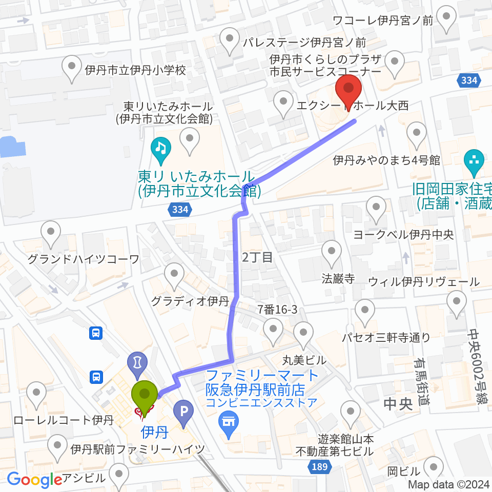 伊丹アイフォニックホールの最寄駅伊丹駅からの徒歩ルート（約6分）地図