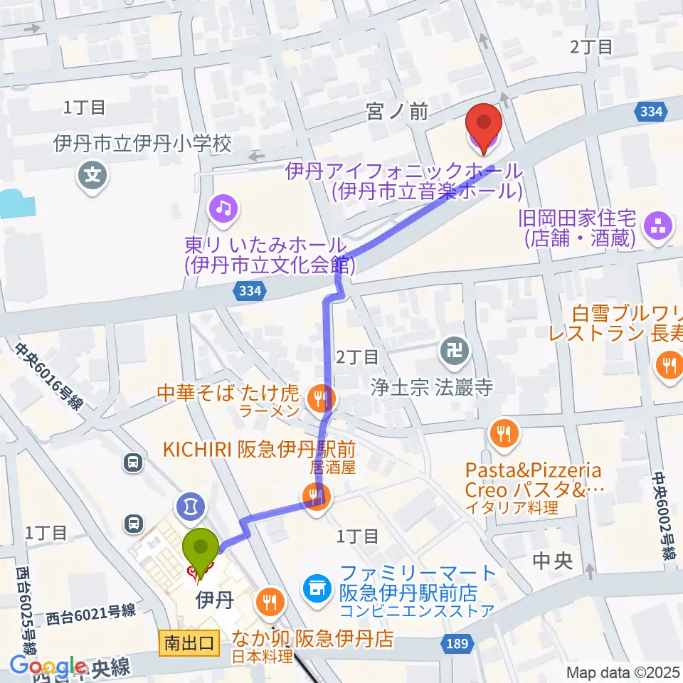 伊丹アイフォニックホールの最寄駅伊丹駅からの徒歩ルート（約6分）地図