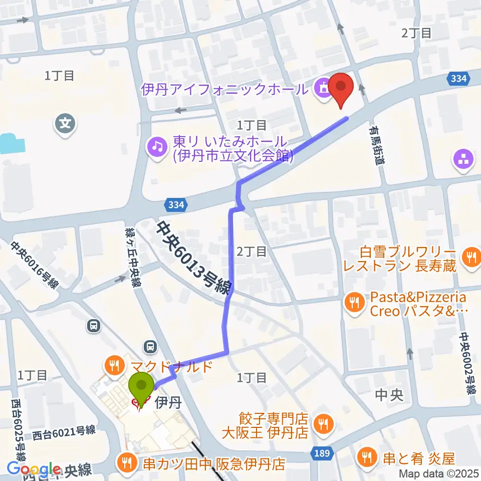 伊丹アイフォニックホールの最寄駅伊丹駅からの徒歩ルート（約6分）地図