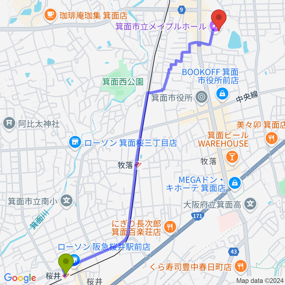 桜井駅から箕面市立メイプルホールへのルートマップ地図