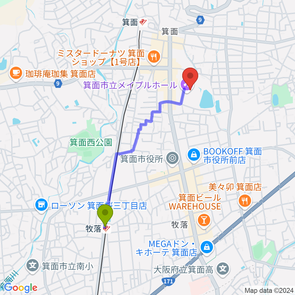 牧落駅から箕面市立メイプルホールへのルートマップ地図