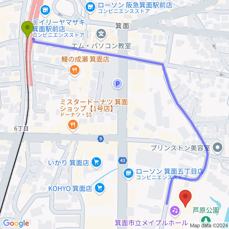 箕面市立メイプルホールの最寄駅箕面駅からの徒歩ルート（約8分）地図