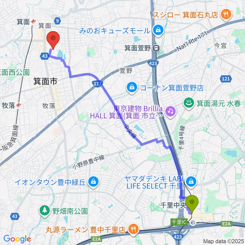 千里中央駅から箕面市立メイプルホールへのルートマップ Mdata