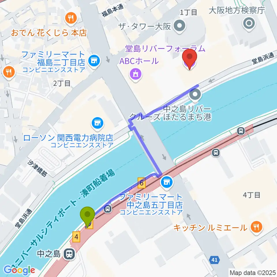 堂島リバーフォーラムの最寄駅中之島駅からの徒歩ルート（約5分）地図