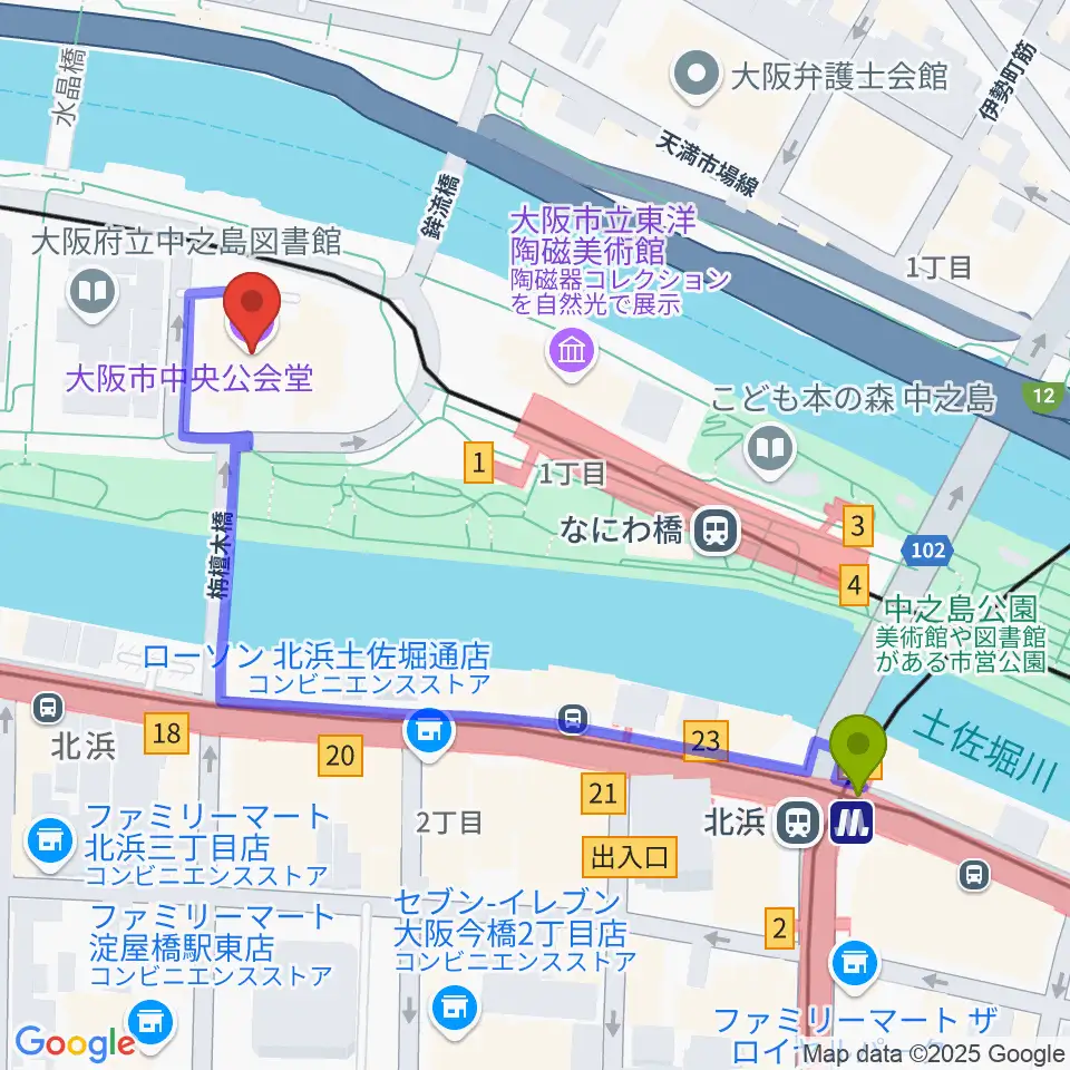 北浜駅から大阪市中央公会堂へのルートマップ地図