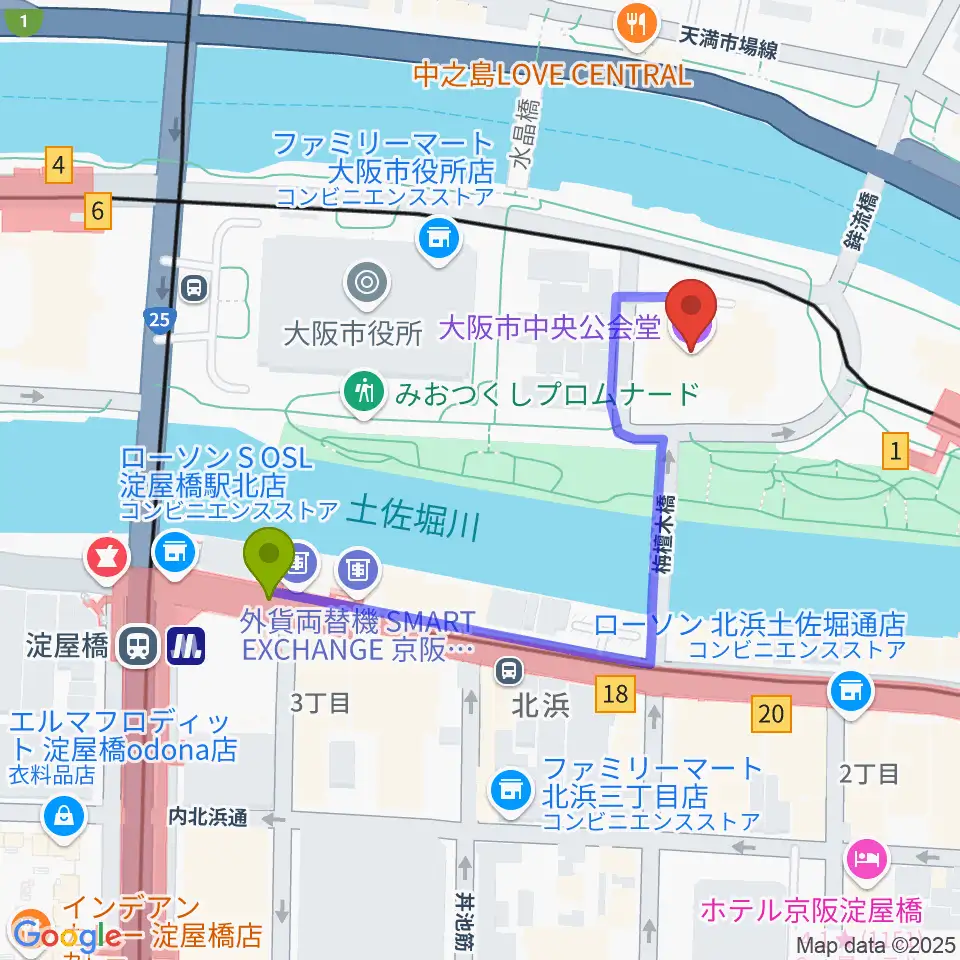 大阪市中央公会堂の最寄駅淀屋橋駅からの徒歩ルート（約4分）地図