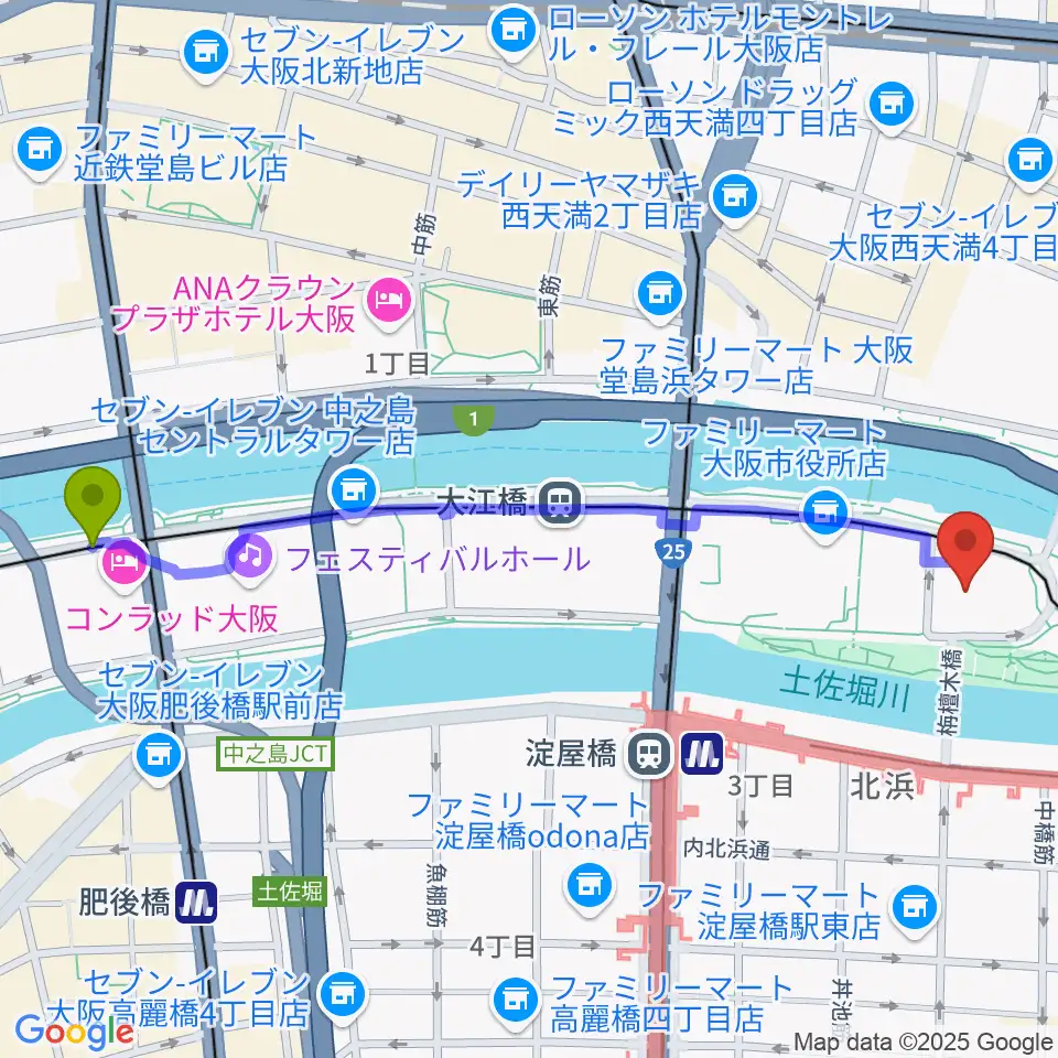 渡辺橋駅から大阪市中央公会堂へのルートマップ地図