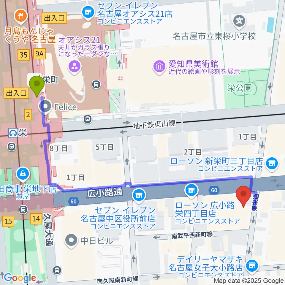 宗次ホールの最寄駅栄町駅からの徒歩ルート（約6分）地図