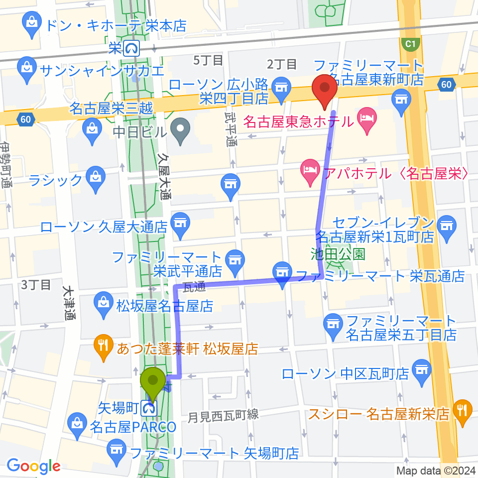 矢場町駅から宗次ホールへのルートマップ地図