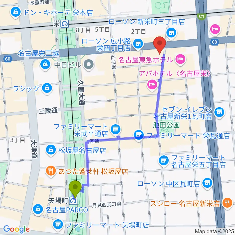 矢場町駅から宗次ホールへのルートマップ地図
