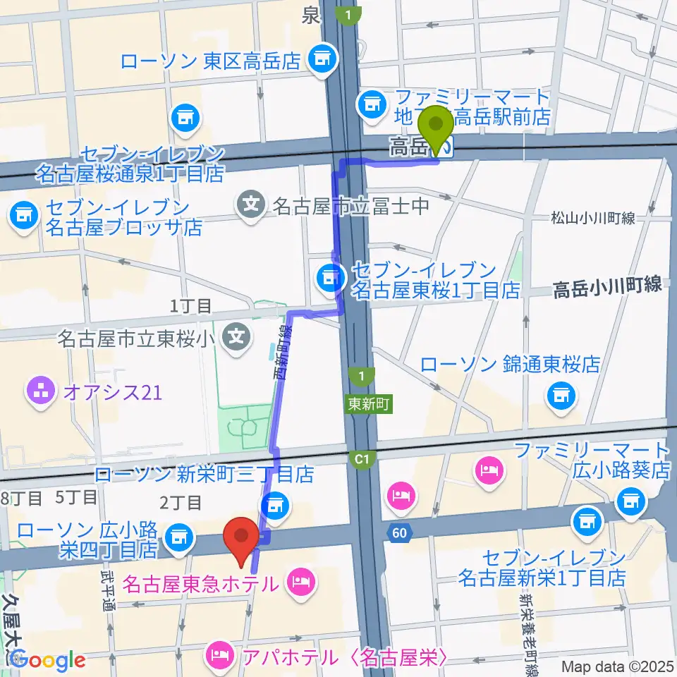 高岳駅から宗次ホールへのルートマップ地図