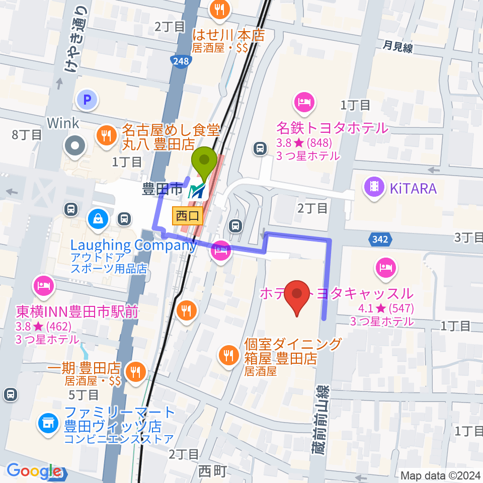 豊田市コンサートホールの最寄駅豊田市駅からの徒歩ルート（約3分）地図