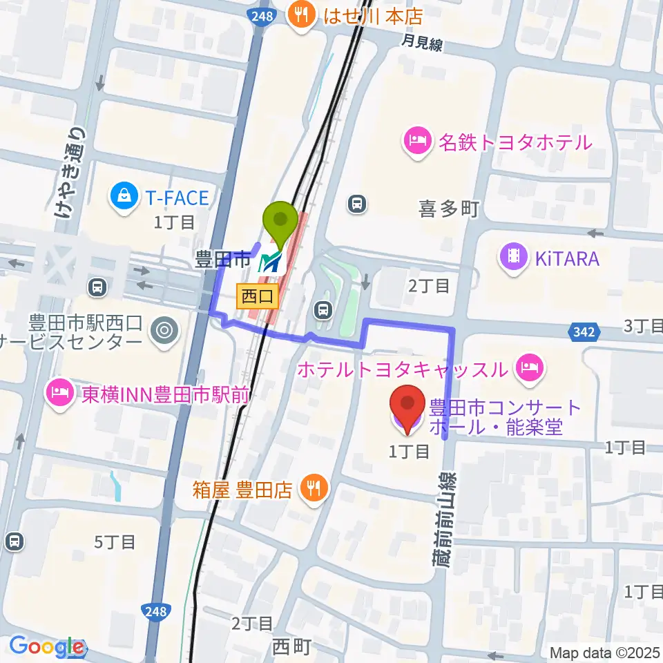 豊田市コンサートホールの最寄駅豊田市駅からの徒歩ルート（約3分）地図