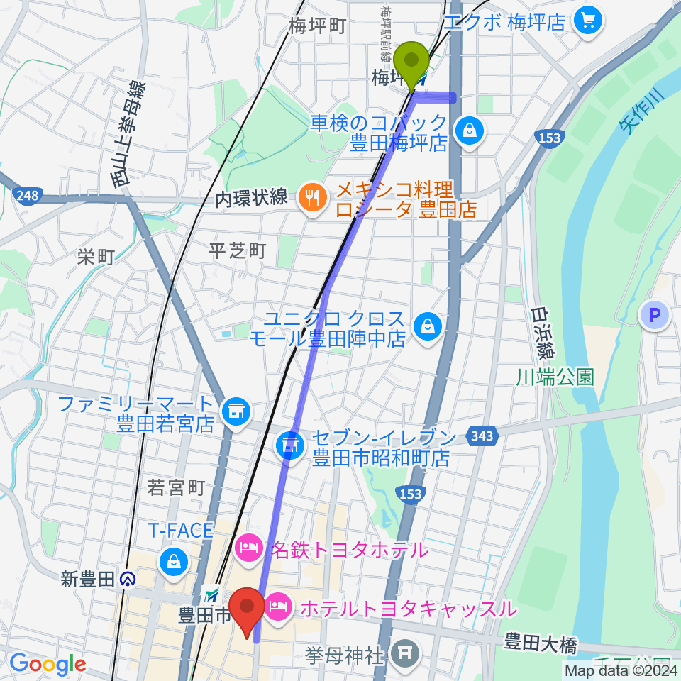 梅坪駅から豊田市コンサートホールへのルートマップ地図