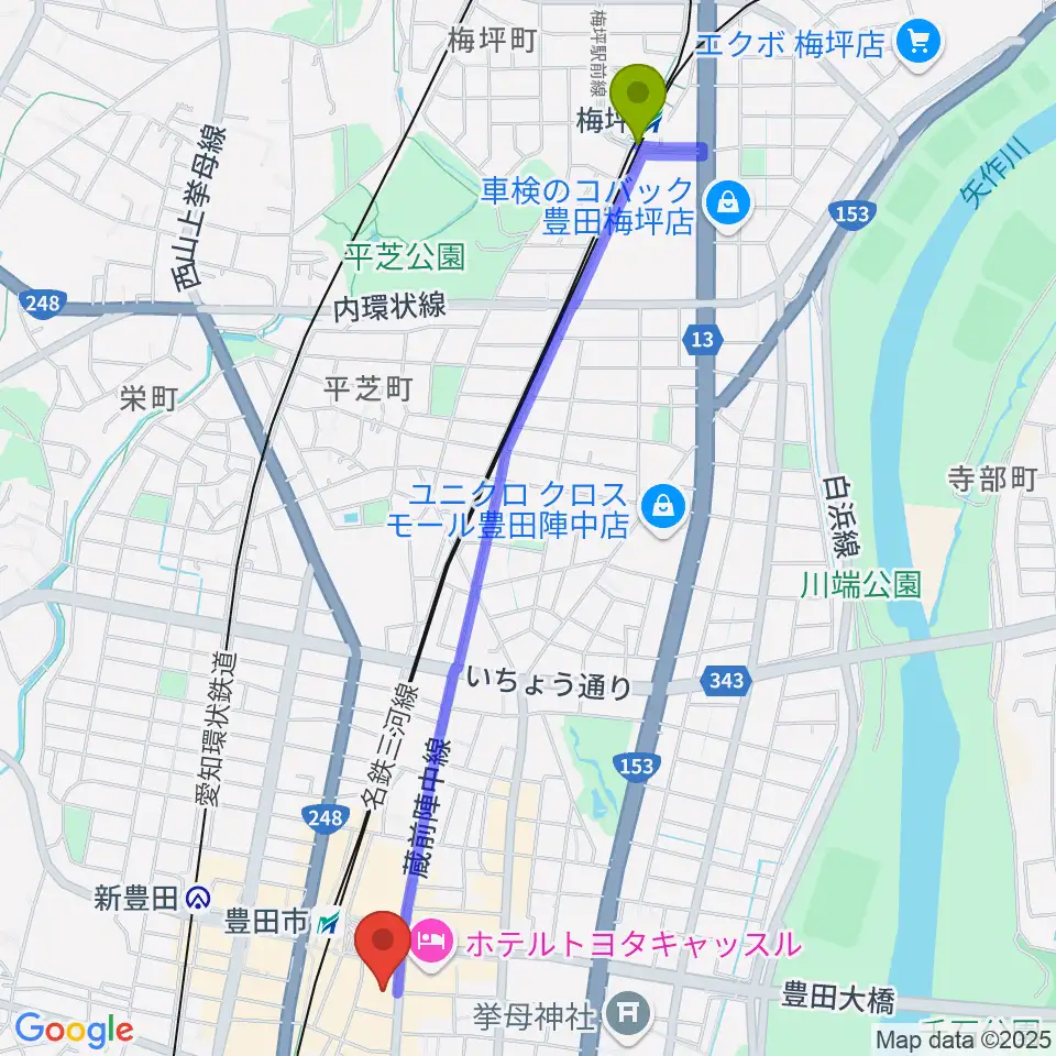 梅坪駅から豊田市コンサートホールへのルートマップ地図