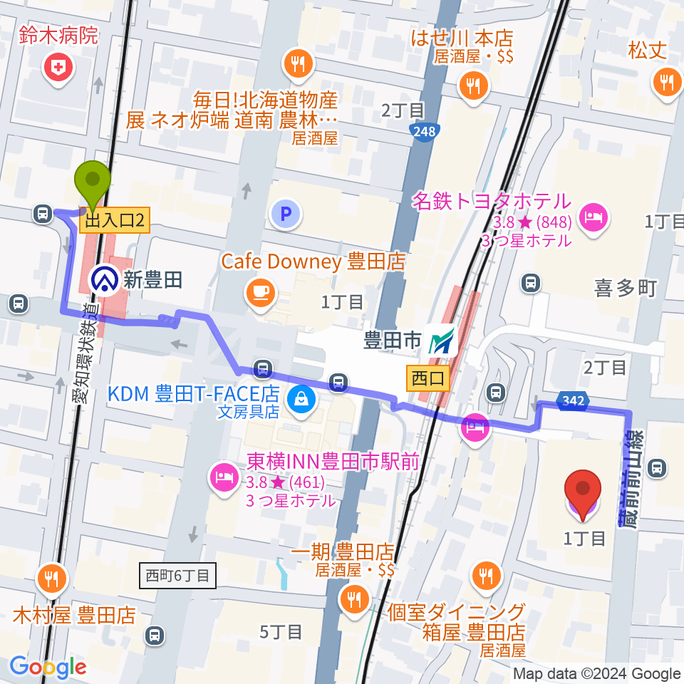 新豊田駅から豊田市コンサートホールへのルートマップ地図