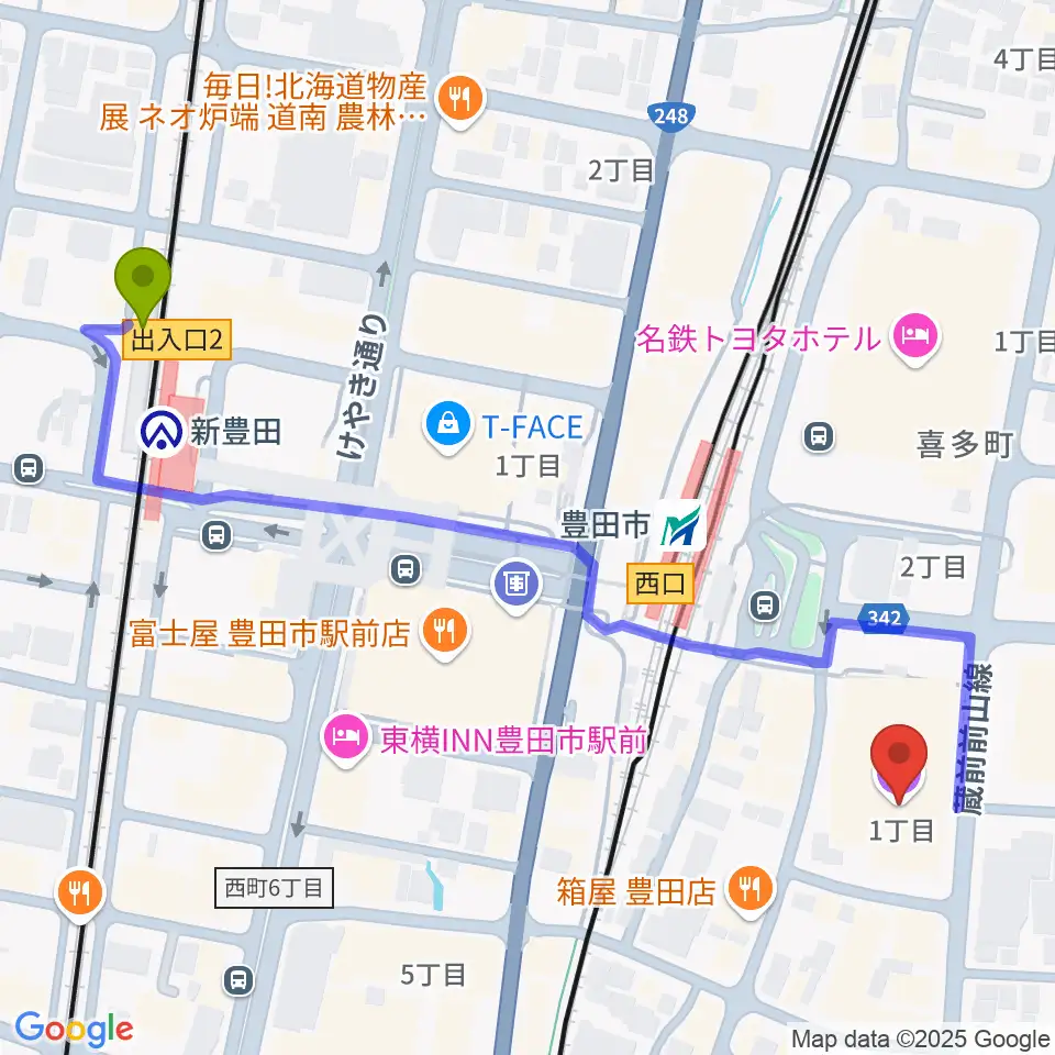 新豊田駅から豊田市コンサートホールへのルートマップ地図