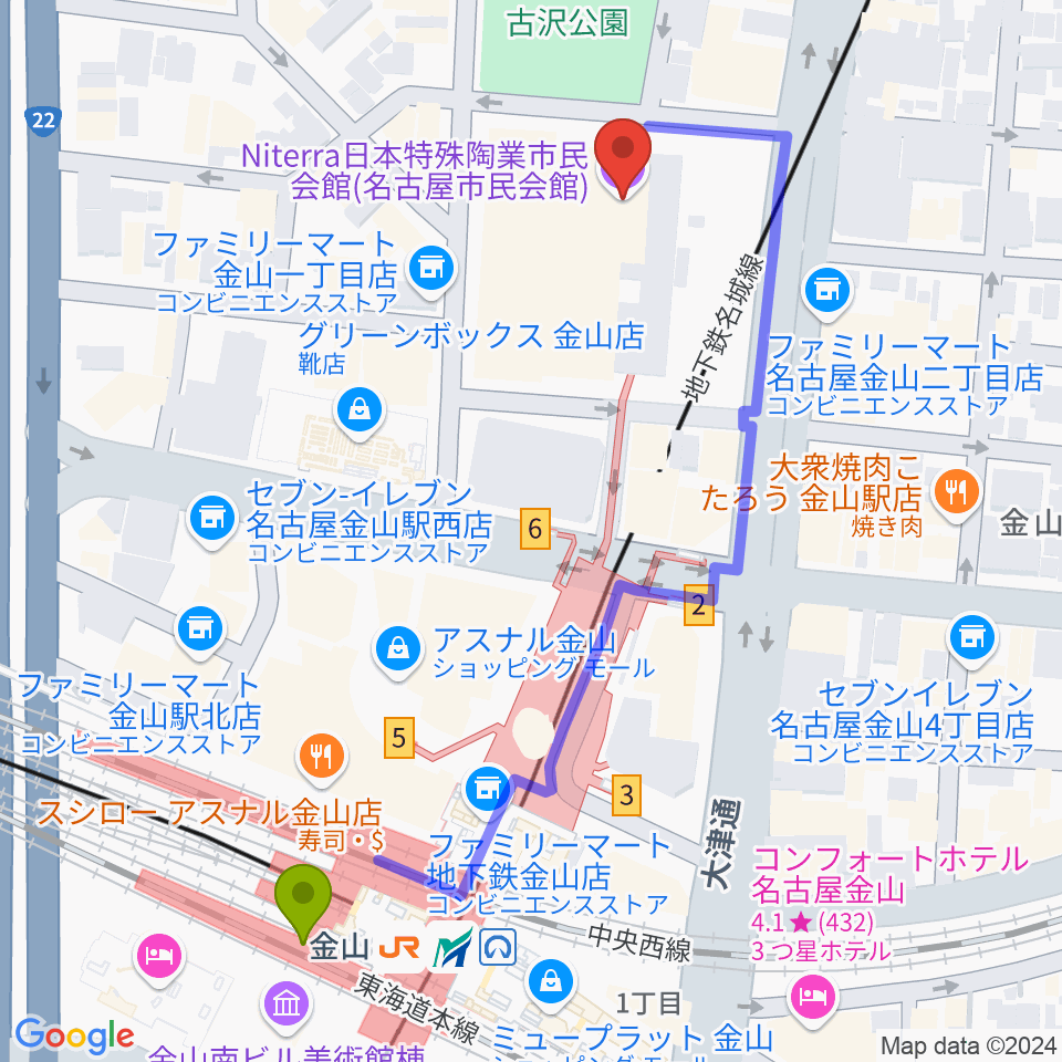 Niterra日本特殊陶業市民会館の最寄駅金山駅からの徒歩ルート（約6分）地図