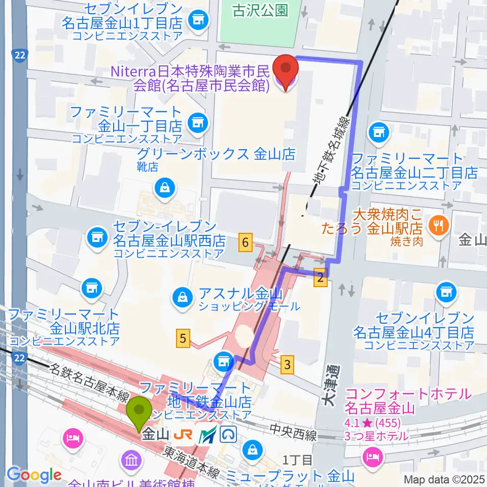 Niterra日本特殊陶業市民会館の最寄駅金山駅からの徒歩ルート（約6分）地図