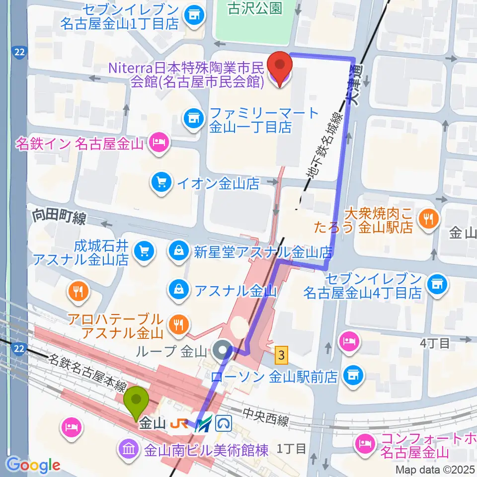Niterra日本特殊陶業市民会館の最寄駅金山駅からの徒歩ルート（約6分）地図