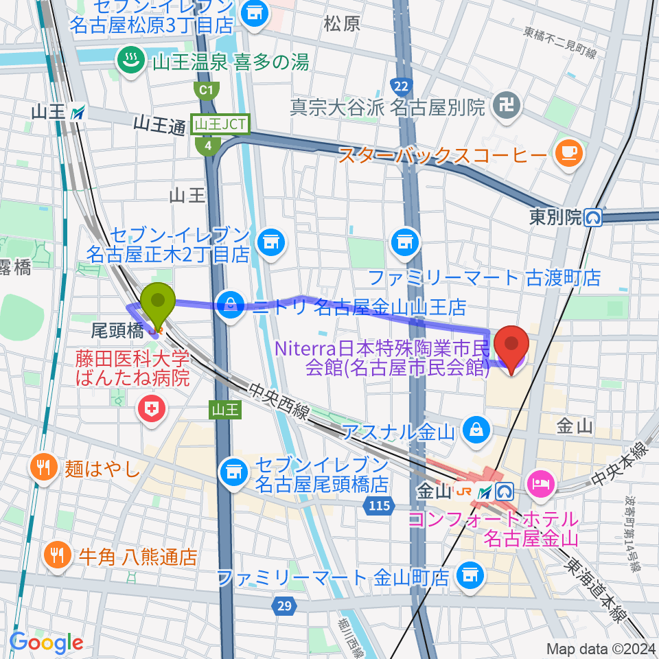 尾頭橋駅からNiterra日本特殊陶業市民会館へのルートマップ地図