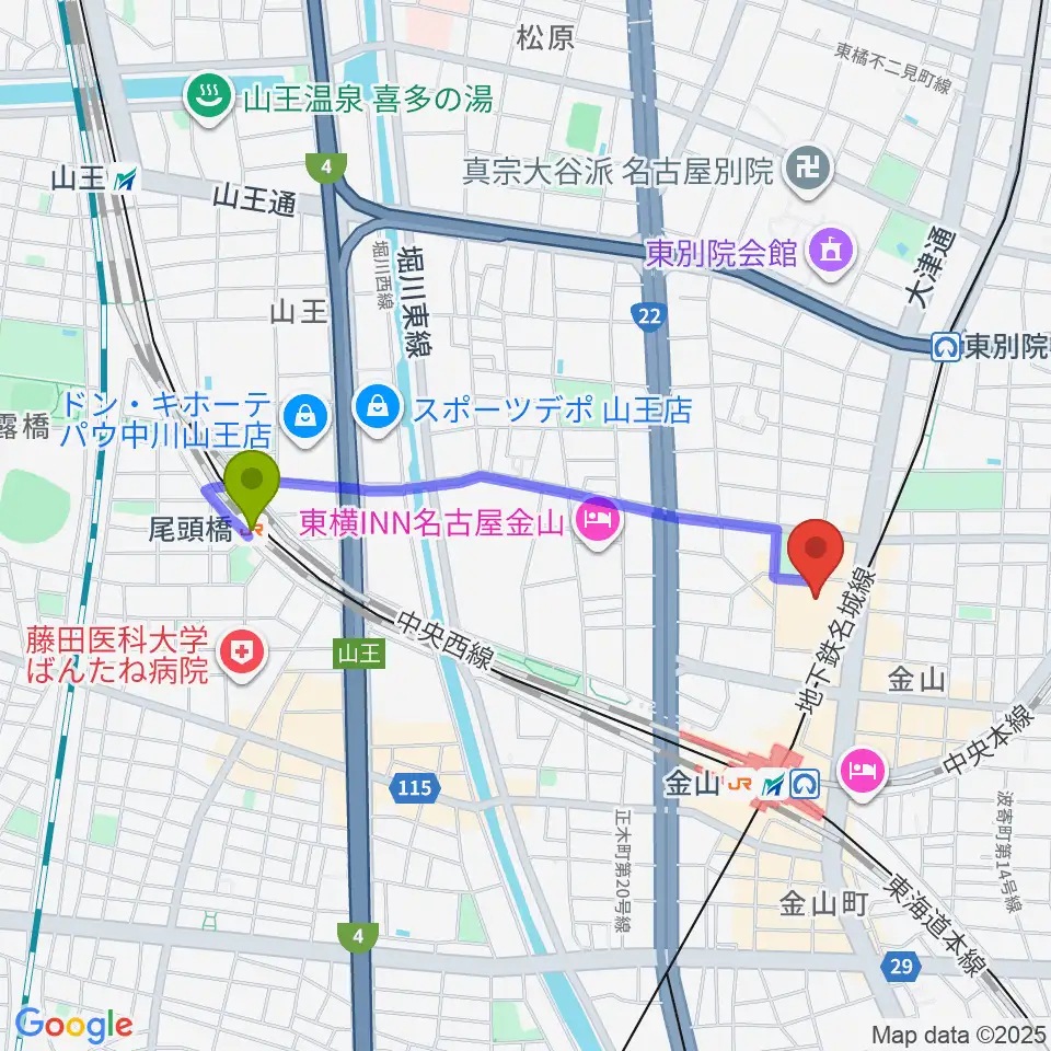 尾頭橋駅からNiterra日本特殊陶業市民会館へのルートマップ地図