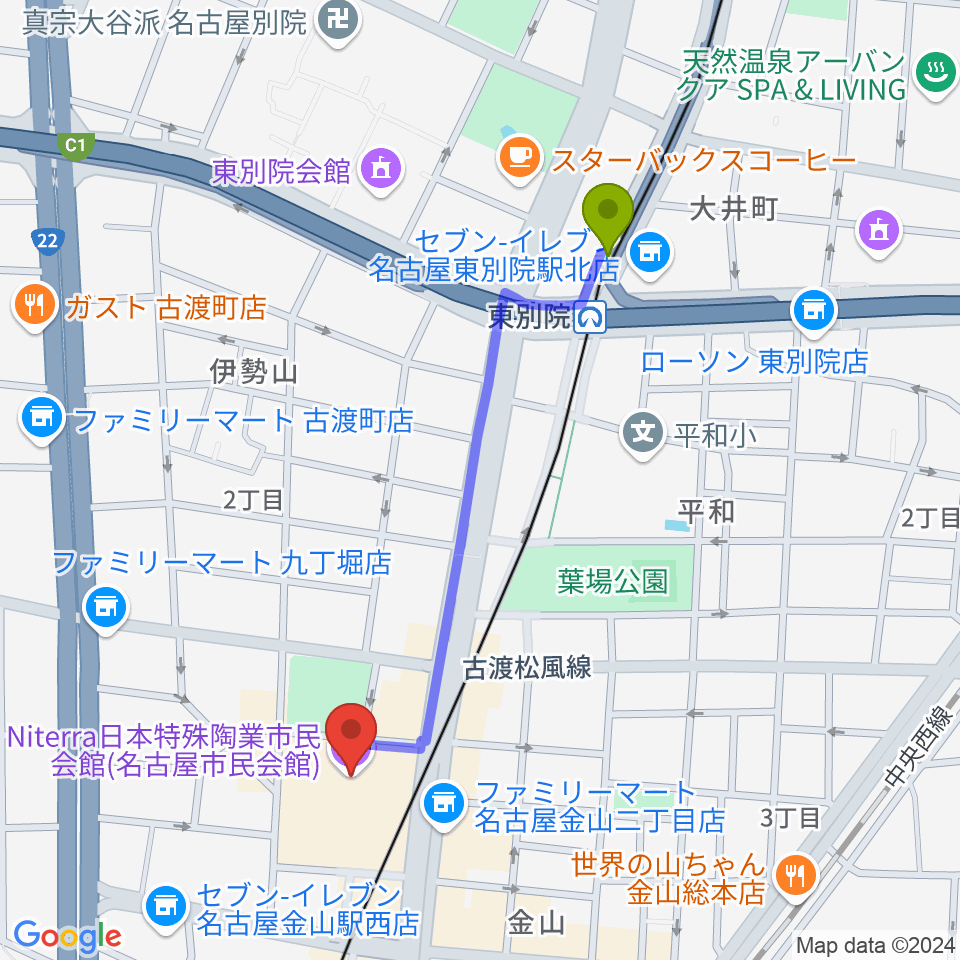 東別院駅からNiterra日本特殊陶業市民会館へのルートマップ地図