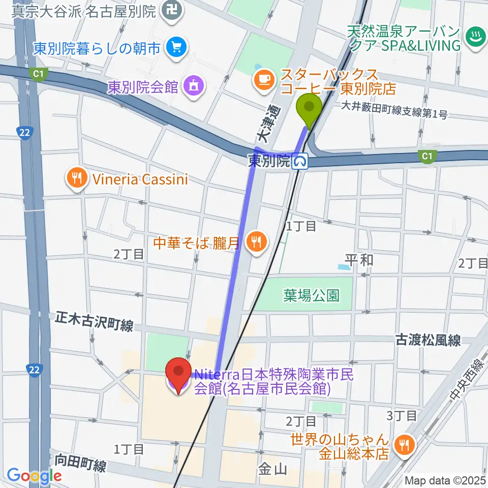 東別院駅からNiterra日本特殊陶業市民会館へのルートマップ地図