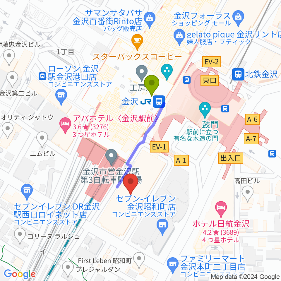 石川県立音楽堂の最寄駅金沢駅からの徒歩ルート（約3分）地図