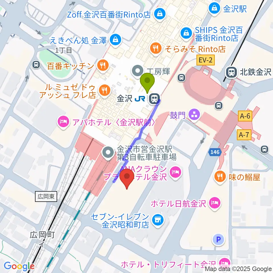 石川県立音楽堂の最寄駅金沢駅からの徒歩ルート（約3分）地図