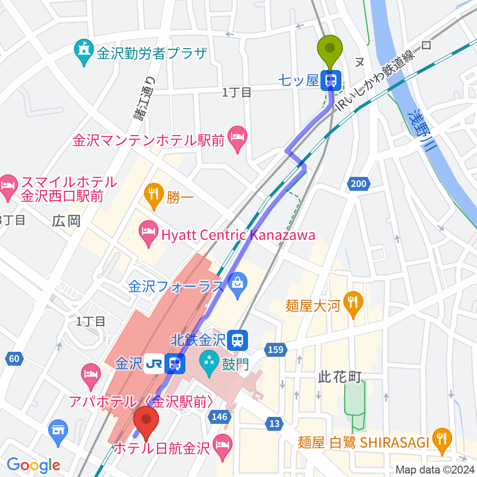 七ツ屋駅から石川県立音楽堂へのルートマップ地図