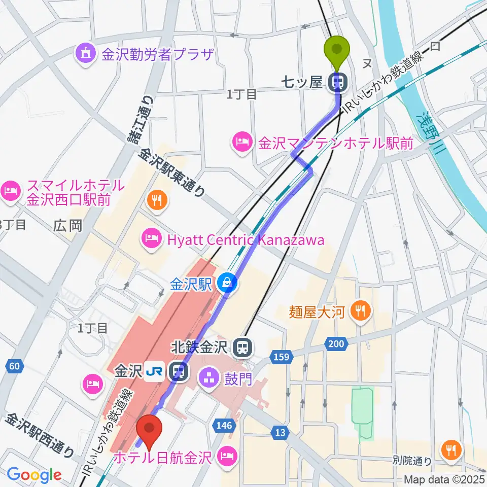 七ツ屋駅から石川県立音楽堂へのルートマップ地図