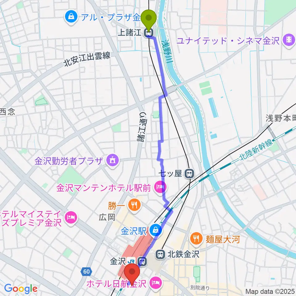 上諸江駅から石川県立音楽堂へのルートマップ地図