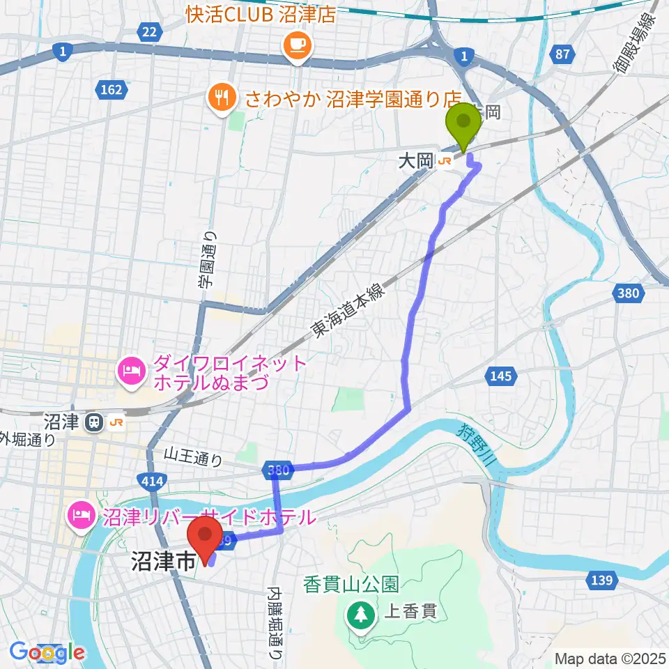 大岡駅から沼津市民文化センターへのルートマップ地図