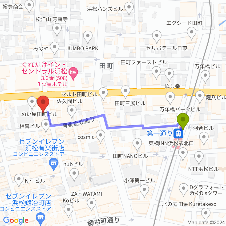 浜松FORCEの最寄駅第一通り駅からの徒歩ルート（約5分）地図