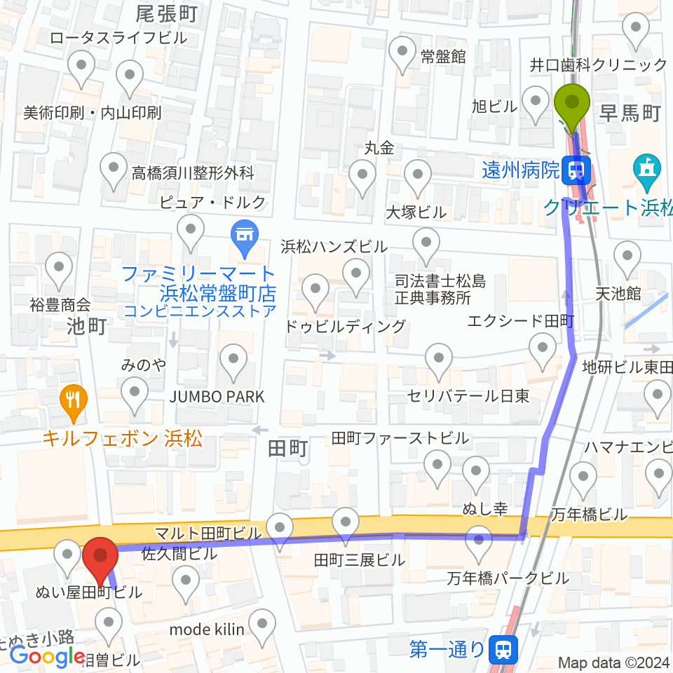 遠州病院駅から浜松FORCEへのルートマップ地図