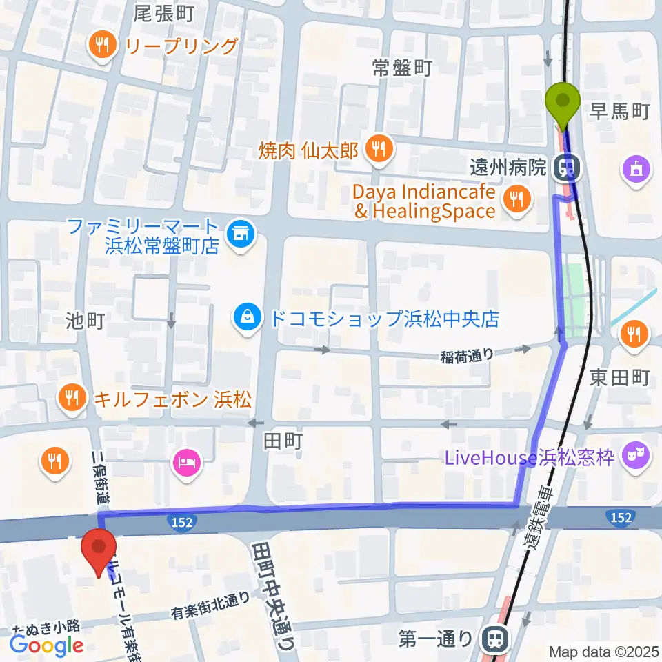 遠州病院駅から浜松FORCEへのルートマップ地図