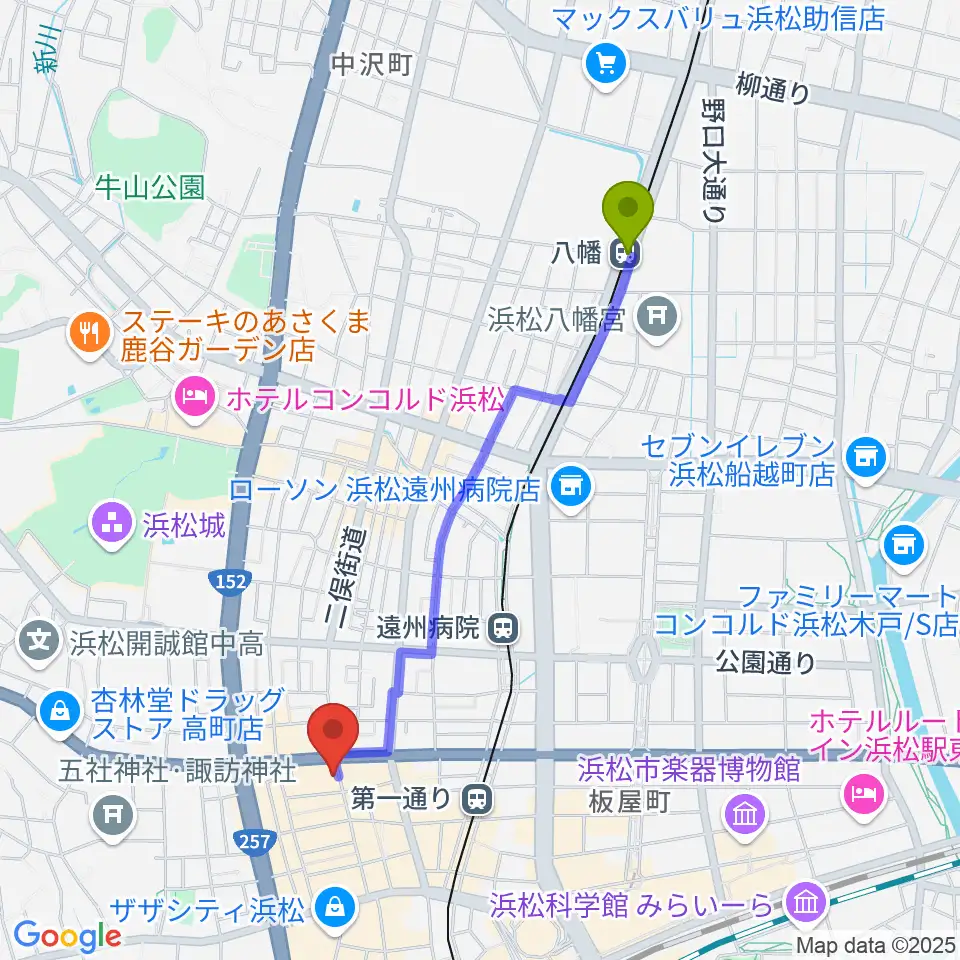 八幡駅から浜松FORCEへのルートマップ地図