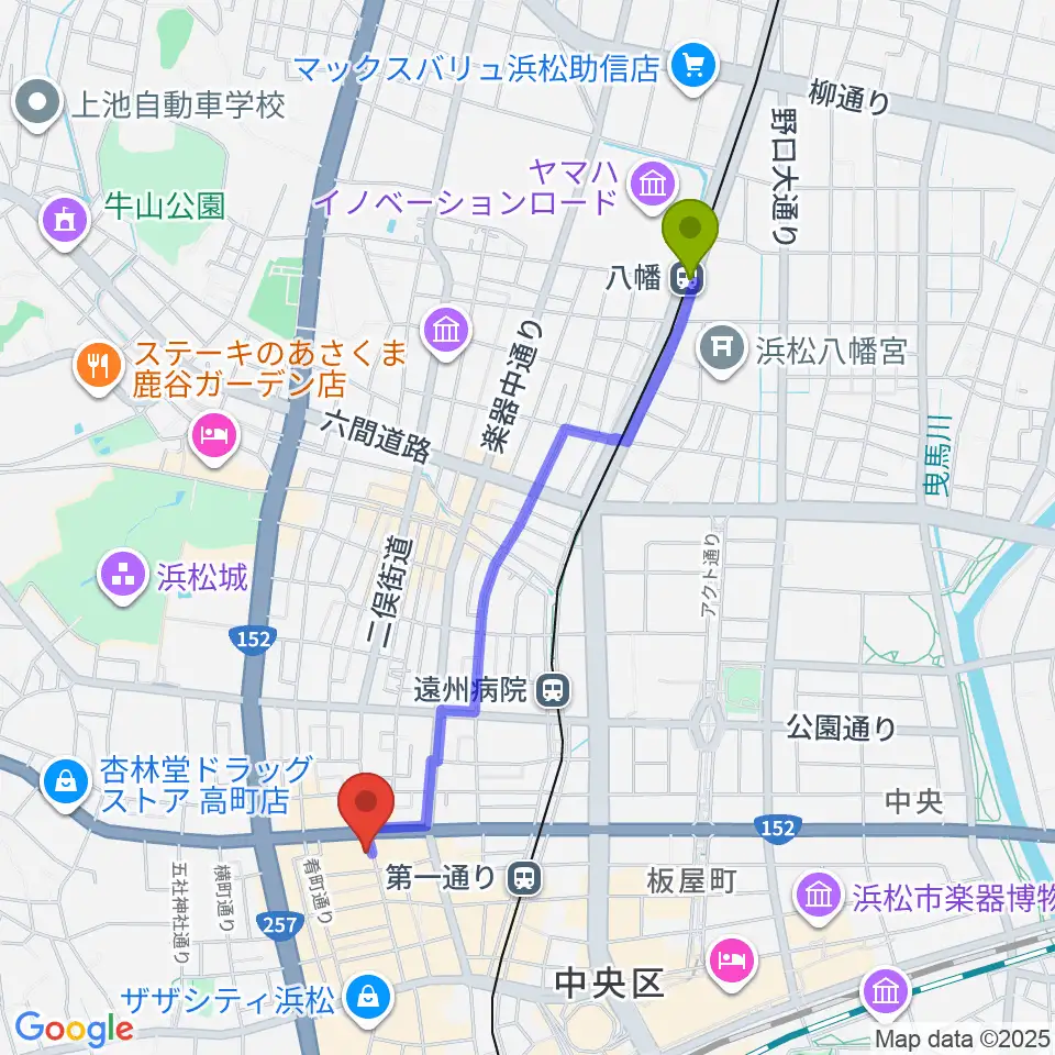 八幡駅から浜松FORCEへのルートマップ地図