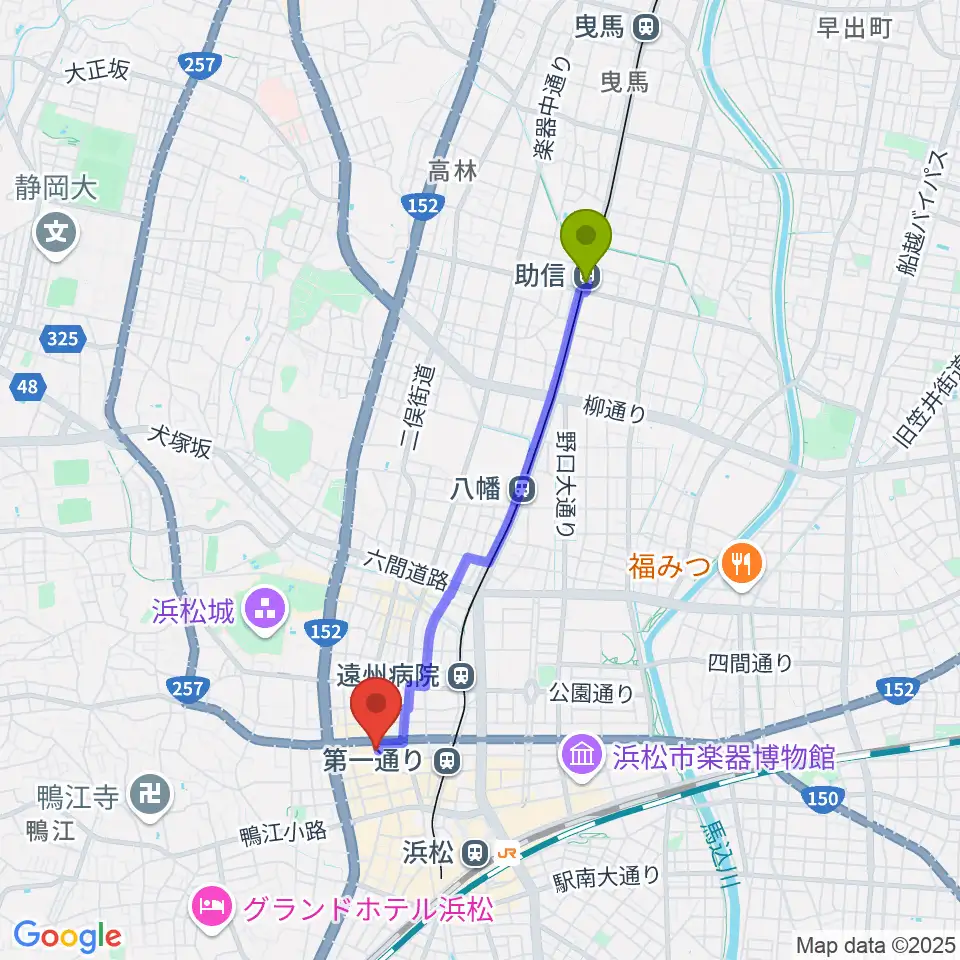 助信駅から浜松FORCEへのルートマップ地図