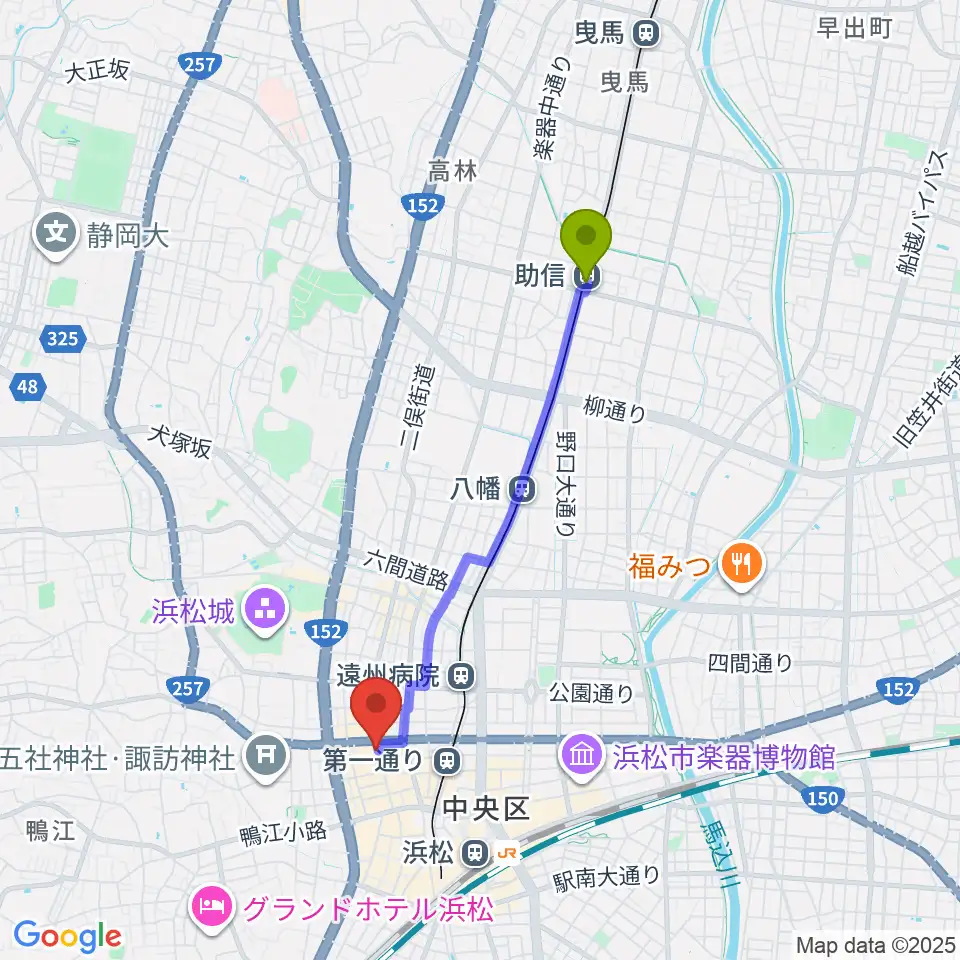 助信駅から浜松FORCEへのルートマップ地図