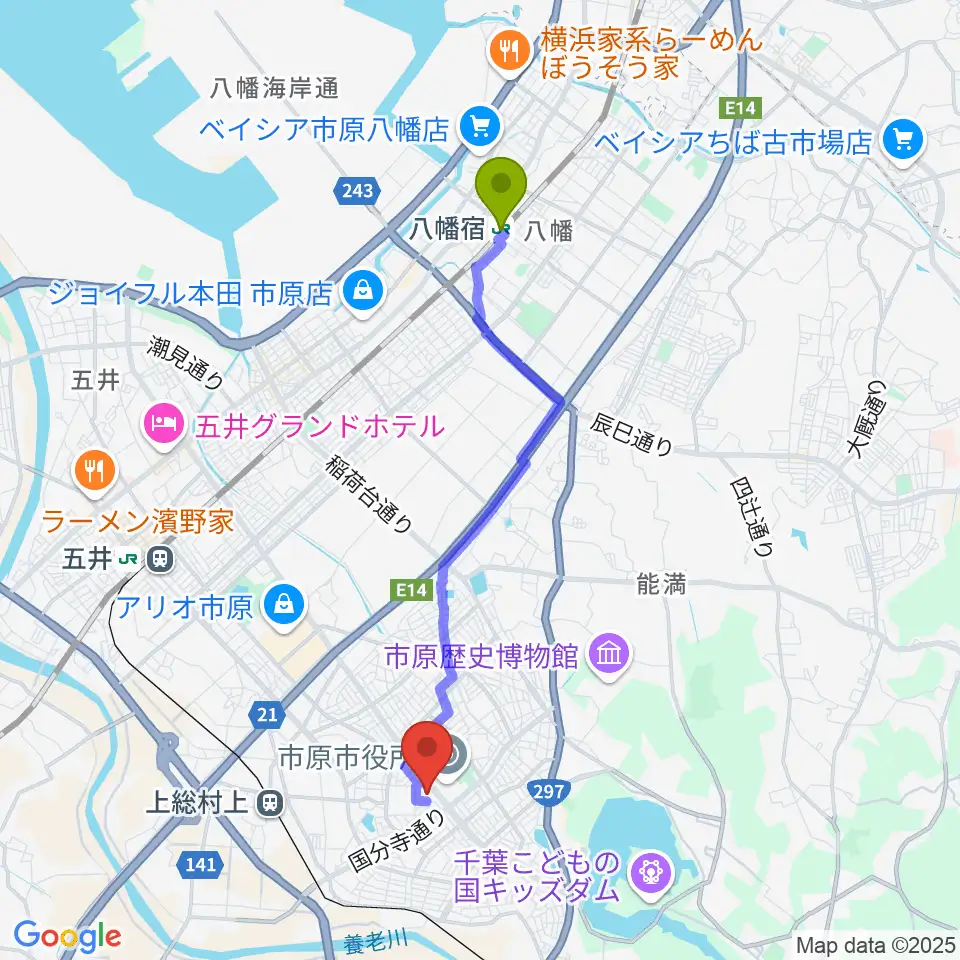 八幡宿駅から市原市市民会館へのルートマップ地図