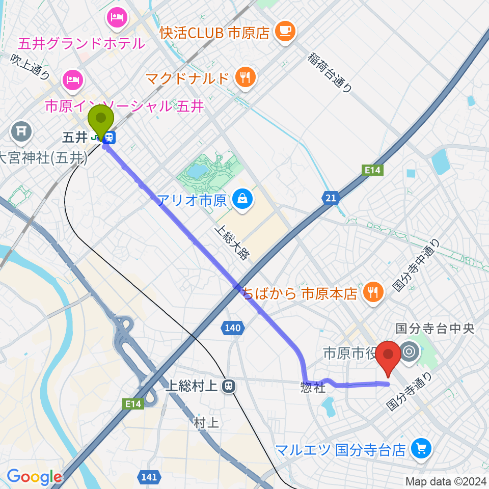 五井駅から市原市市民会館へのルートマップ地図